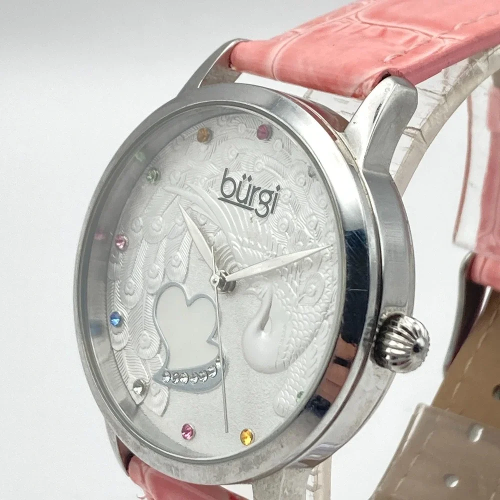Burgi Women's Watch 36mm Silver Tone MOP Peacock Rainbow Crystals New Battery